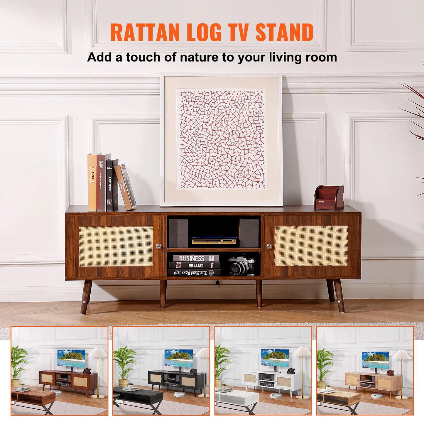 Rattan TV Stand Mid Century Modern TV Stand with Build-in Socket USB Ports Adjustable Shelfs for Living Room Media Room