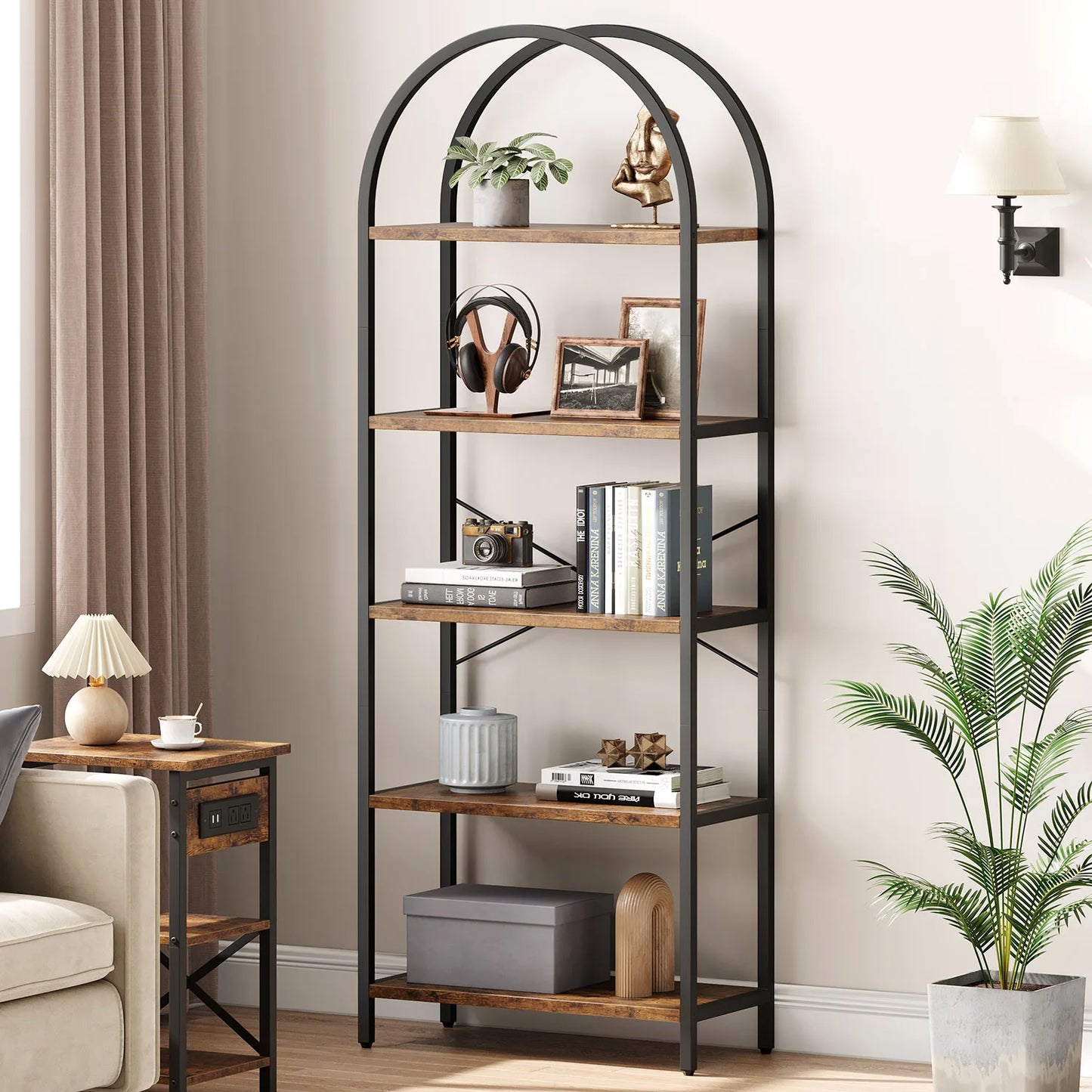 5-Tier Arched Bookshelf - Industrial Freestanding Display Rack, 180cm