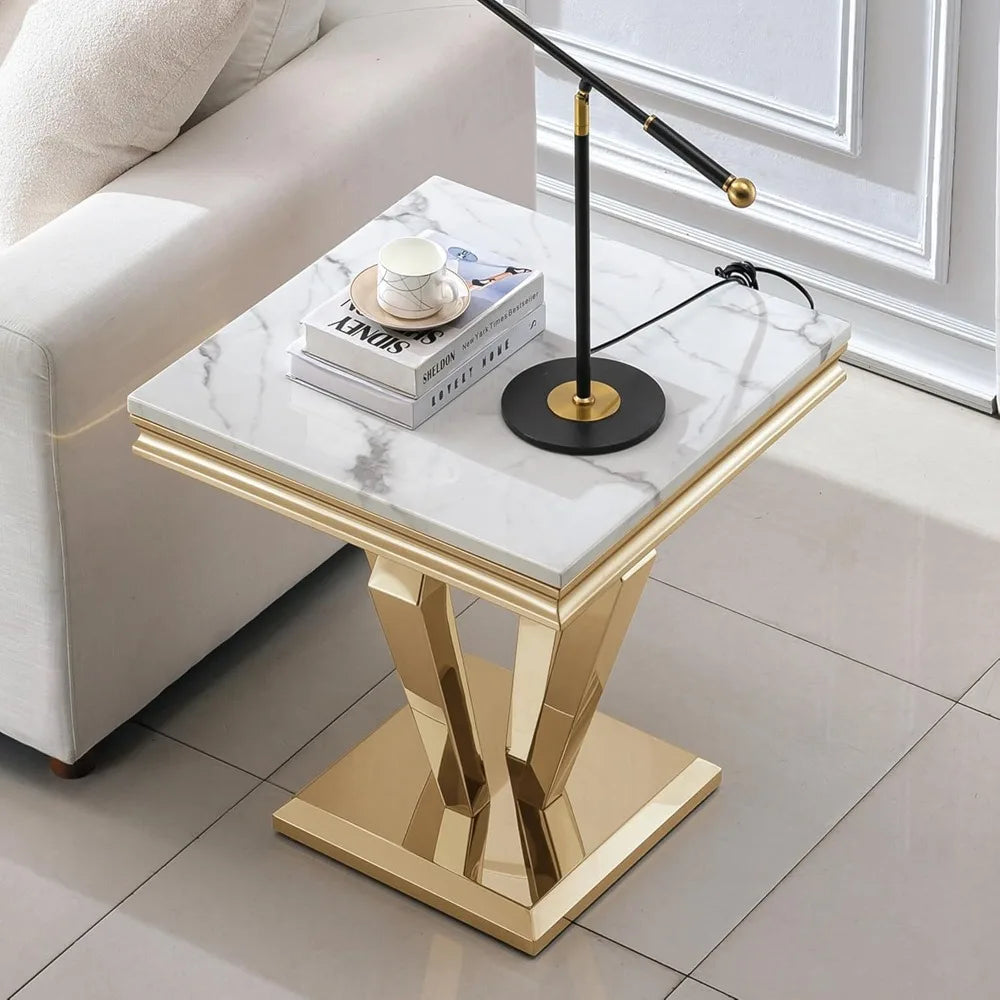 Square End Table, 22.8" Modern White Faux Marble Side Table, Nightstand Bedside Table Small Accent Table with Golden Mirrored Fi
