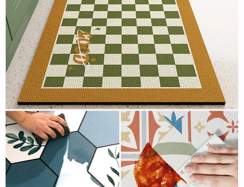 Mat for Kitchen Carpet Waterproof PVC Long Floor Mats Leather Oil Proof Anti-slip Carpets Black White Plaid Home Decoration Rug