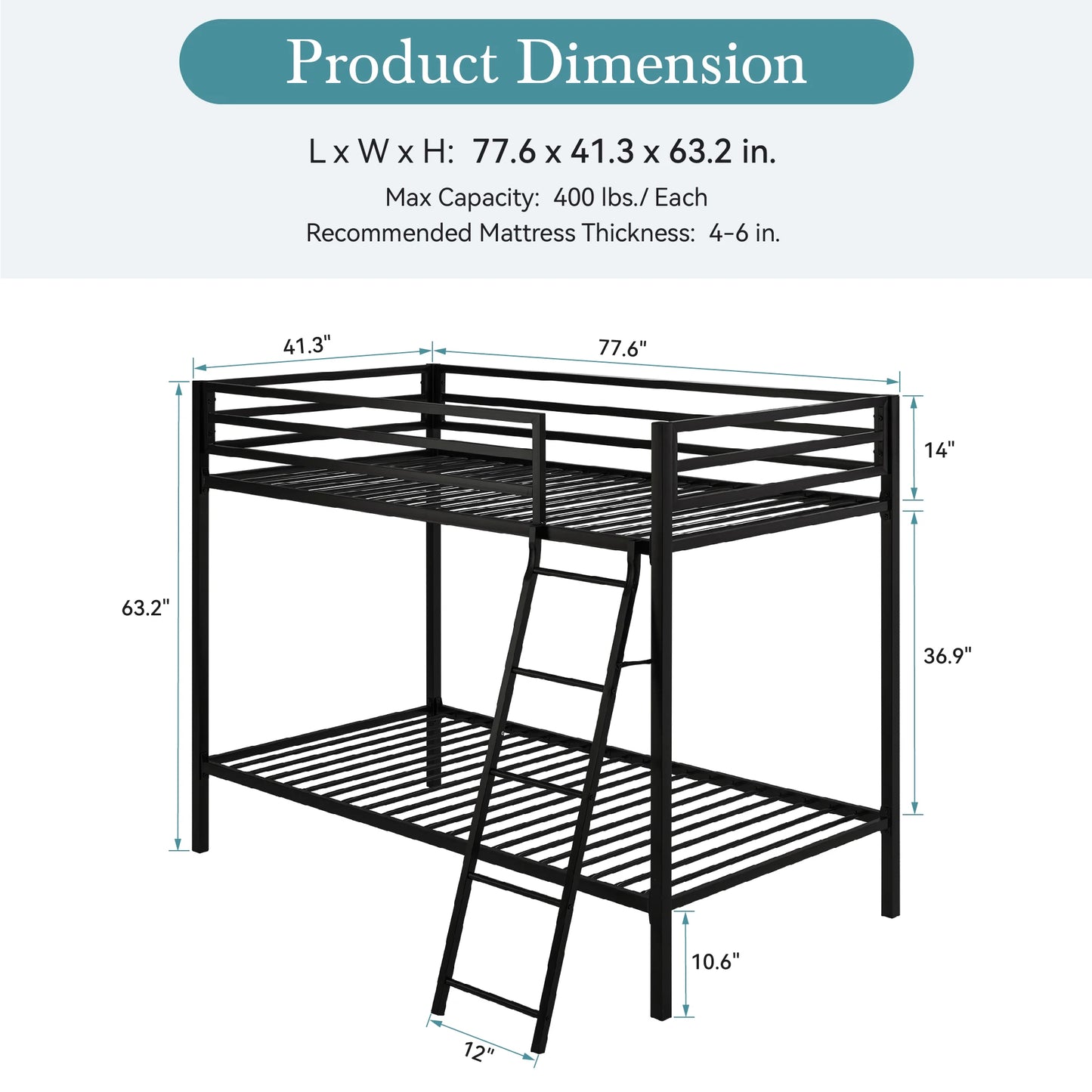 Heavy-Duty Metal Bunk Bed Frame Twin Over Twin, Full Length Guardrails, Space-Saving, Sturdy Metal Support
