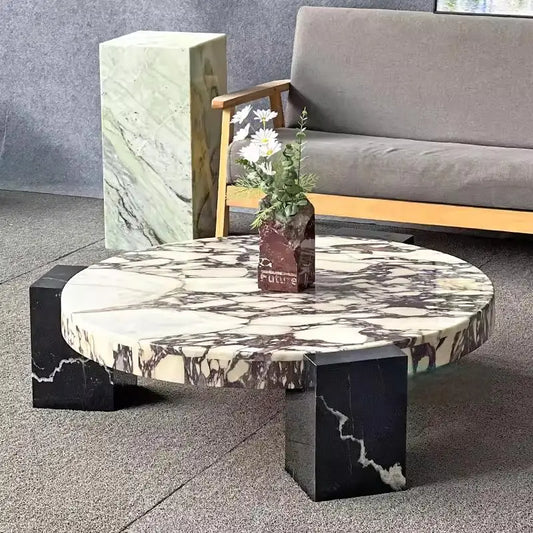Calacata Viola Marble Round Coffee Table -With Black Marquina Base - Living Room Center Table for Home Decor