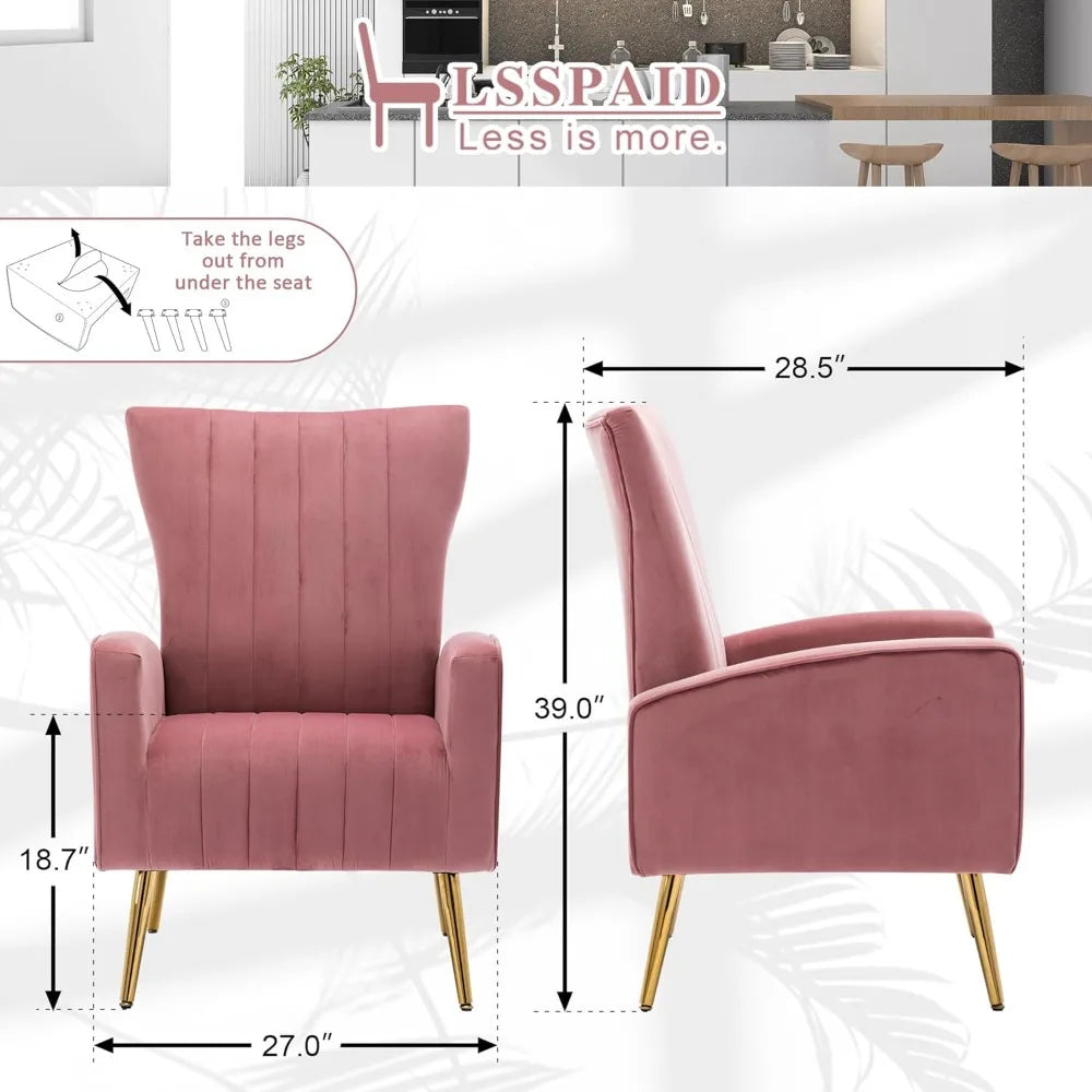 Velvet Accent Chairs Set of 1, Modern Fabric Upholstered Living Room Chairs Armchairs with Wing Back and Metal Legs, Pin