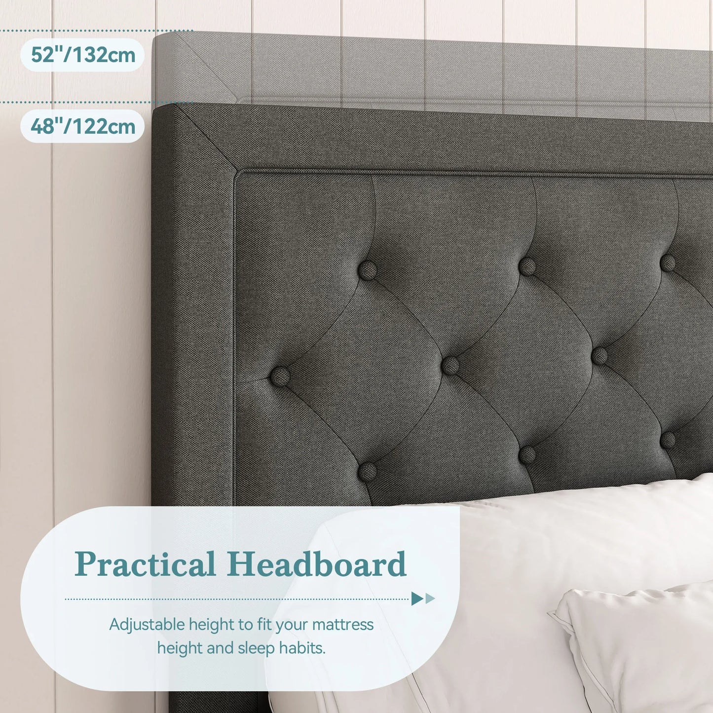 Queen Size Upholstered Platform Bed Frame with Button Tufted Linen Headboard