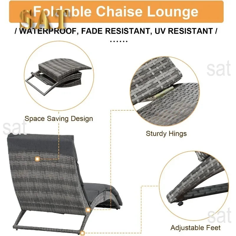 t Patio Chaise Lounge, Outdoor Lounge Chair, PE Rattan Foldable Chaise Lounger with Removable Dark Gray Cushion, Suitable