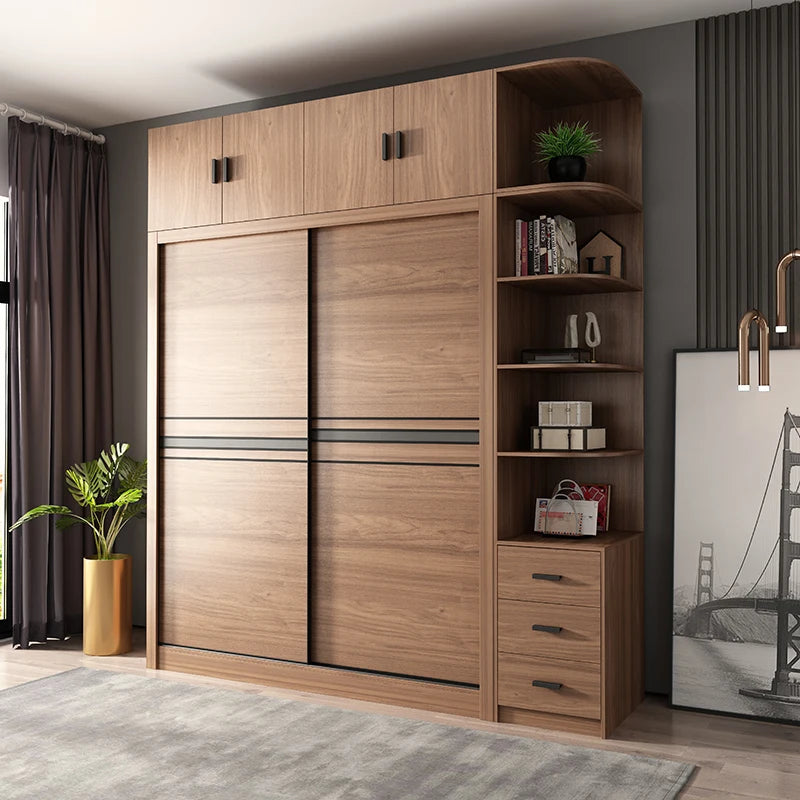 Nordic Wardrobe Bedroom Simple Glass Sliding Door Walnut Color Cabinet Sliding Door Wardrobe