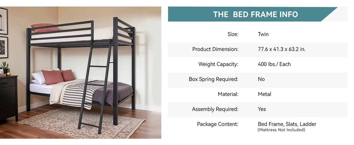 Heavy-Duty Metal Bunk Bed Frame Twin Over Twin, Full Length Guardrails, Space-Saving, Sturdy Metal Support
