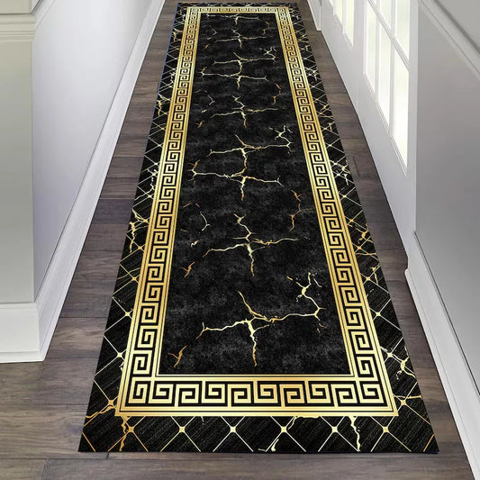 Black and Gold Greek Key Rug Marble Hallway Runner Modern Carpet Entryway Mat Colorful Non Slip Long Floor Accent Home Decor