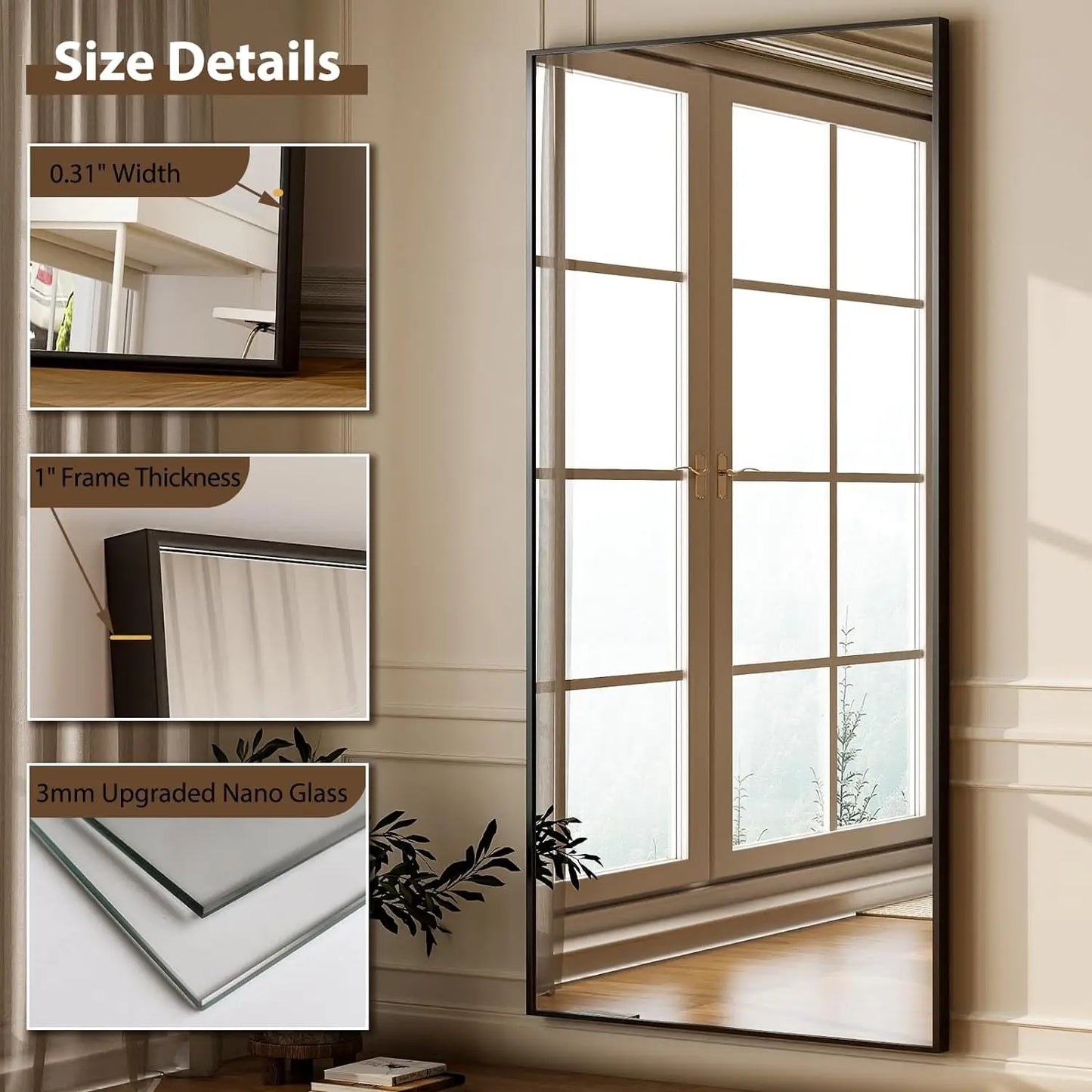 Full Length Mirror - Floor Mirror - Rectangular Wall Mounted Mirrors for Bedroom, Living Room, Bathroom