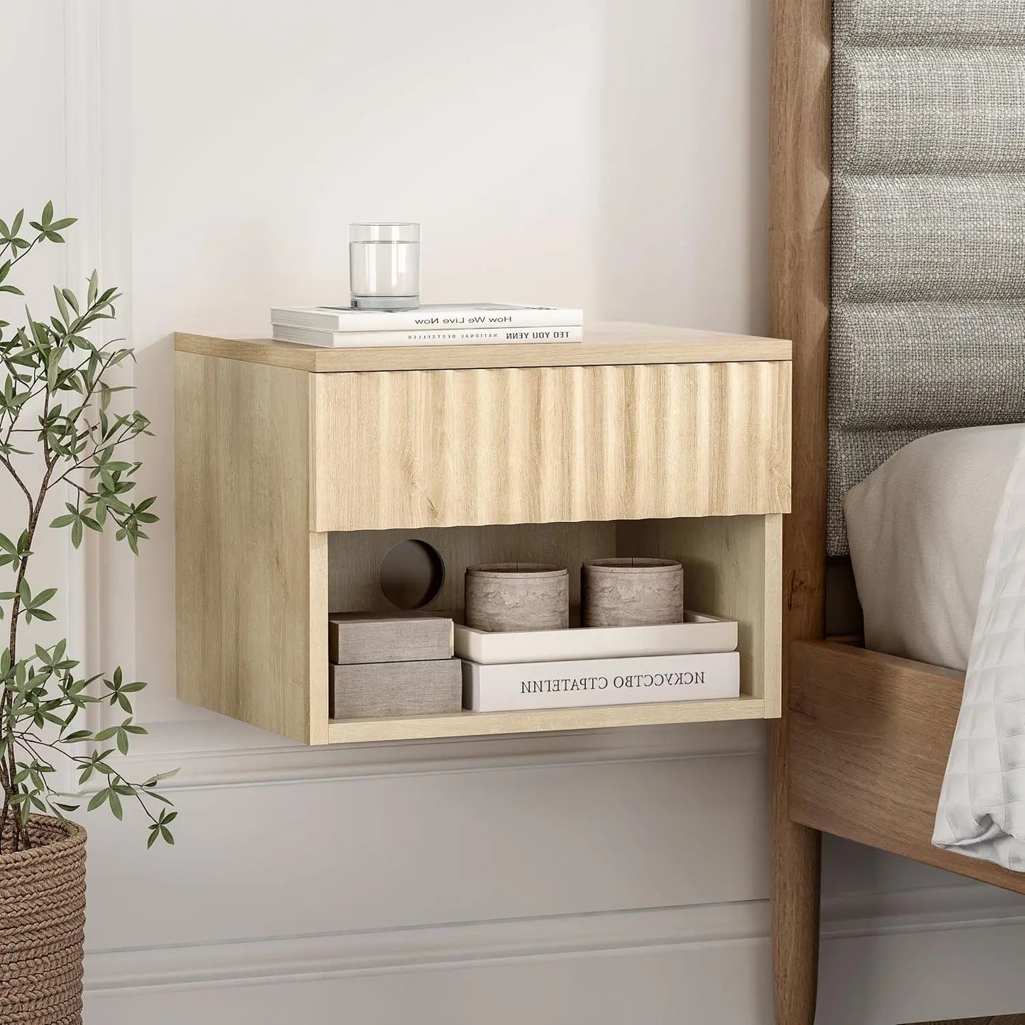 Floating TV Stands with Drawer and Open Shelf, Small Wall Mounted Bedside End Table, Modern Fluted Night Stand for Bedroom