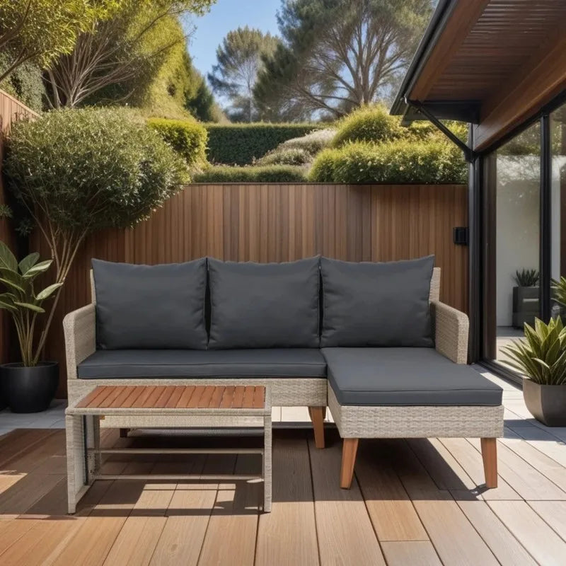 3-Piece Patio Sofa Set, Yellow Wicker Rattan Furniture with Dark Grey Cushions, Durable All-Weather Outdoor Sectional