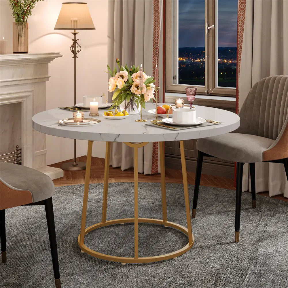 47.24 Inch Round Dining Table Kitchen Table for 4 People Wooden Marble Pattern Dinner Room Table with Gold Base for Home office