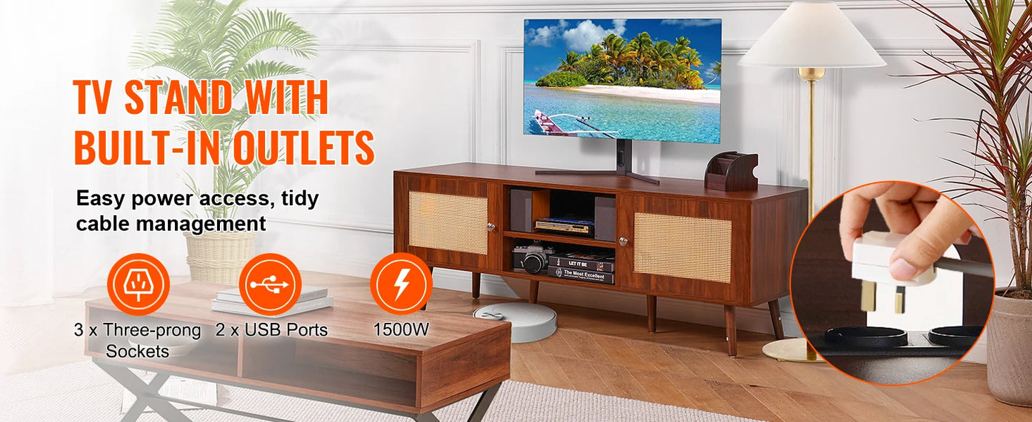 Rattan TV Stand Mid Century Modern TV Stand with Build-in Socket USB Ports Adjustable Shelfs for Living Room Media Room
