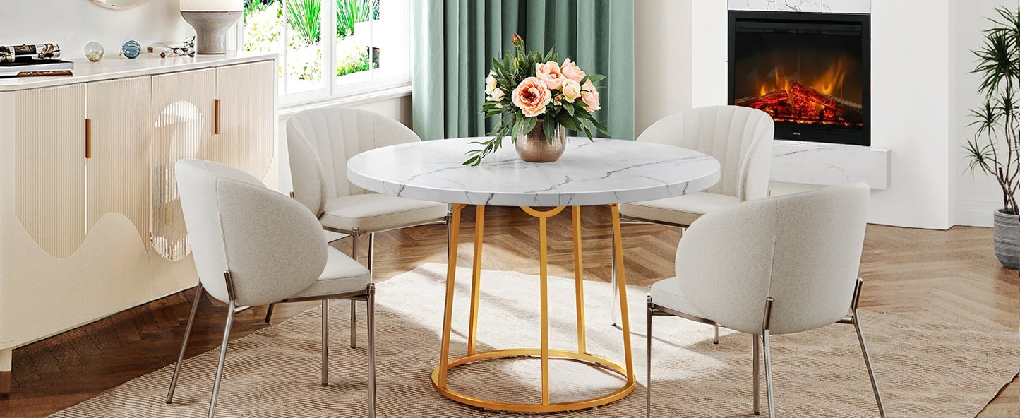 47.24 Inch Round Dining Table Kitchen Table for 4 People Wooden Marble Pattern Dinner Room Table with Gold Base for Home office