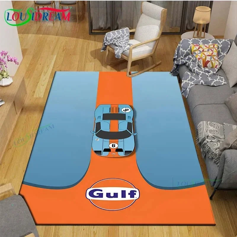 Gulf Racing Digital Print Area Rug - Anti-Skid Racing Stripe Design
