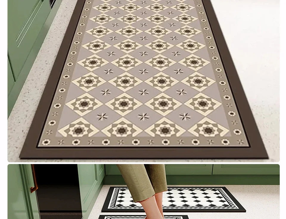 Mat for Kitchen Carpet Waterproof PVC Long Floor Mats Leather Oil Proof Anti-slip Carpets Black White Plaid Home Decoration Rug