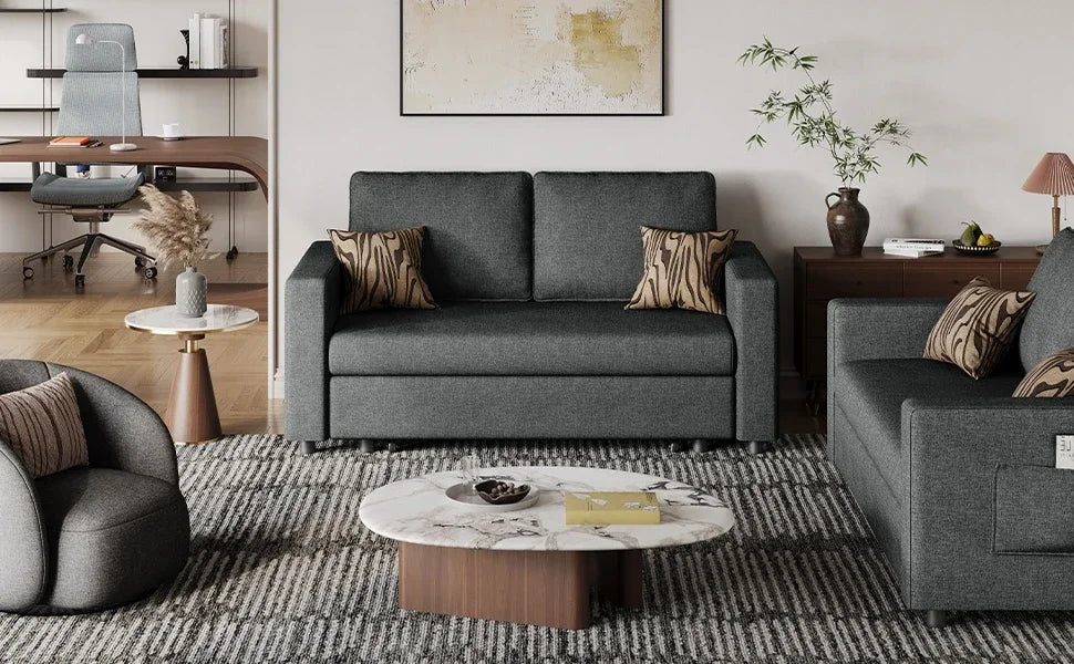 w/Pull-Out Trundle Bed Sleeper Sofa Convertible Couch for Limited Spaces Living Room Bedroom Guest Room Dark Gray 55.5 in