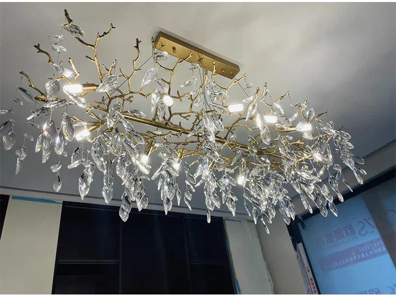 Crystal Chandelier: Luxury Gold Leaf Design LED Pendant Light for Dining & Living Room