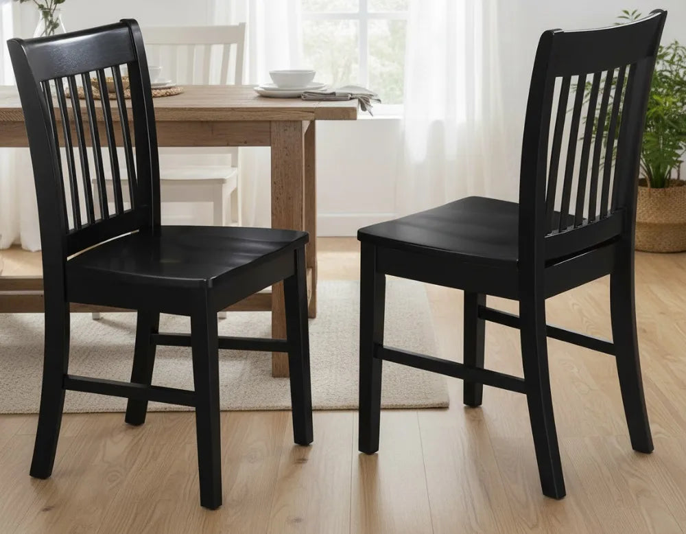 Modern Black Dining Chairs Set of 2, Wooden Slat Back Kitchen Seats for Home Decor