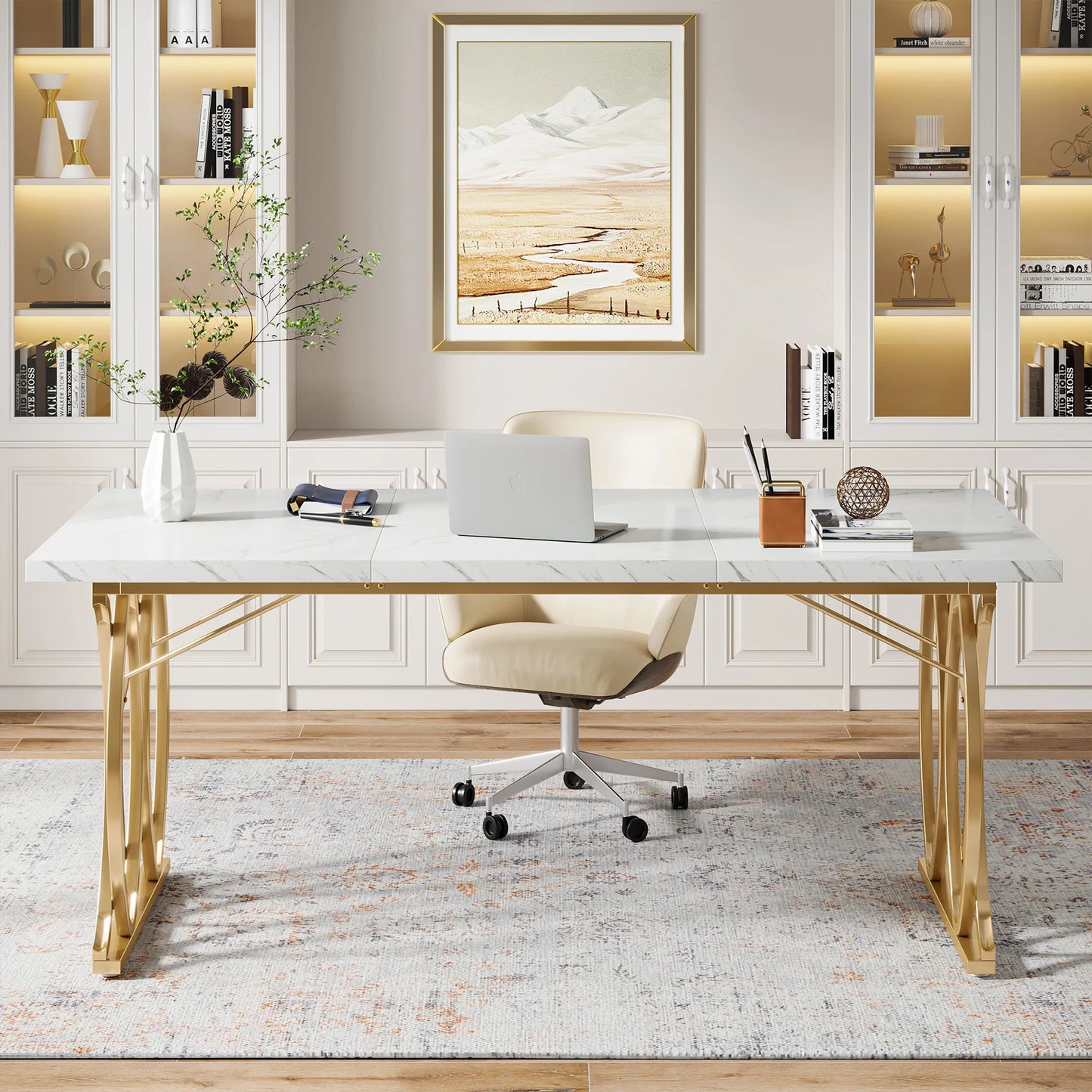 Executive Desk 63" - Modern White and Gold Office Desk with Geometric Base, Conference Table for Home Office