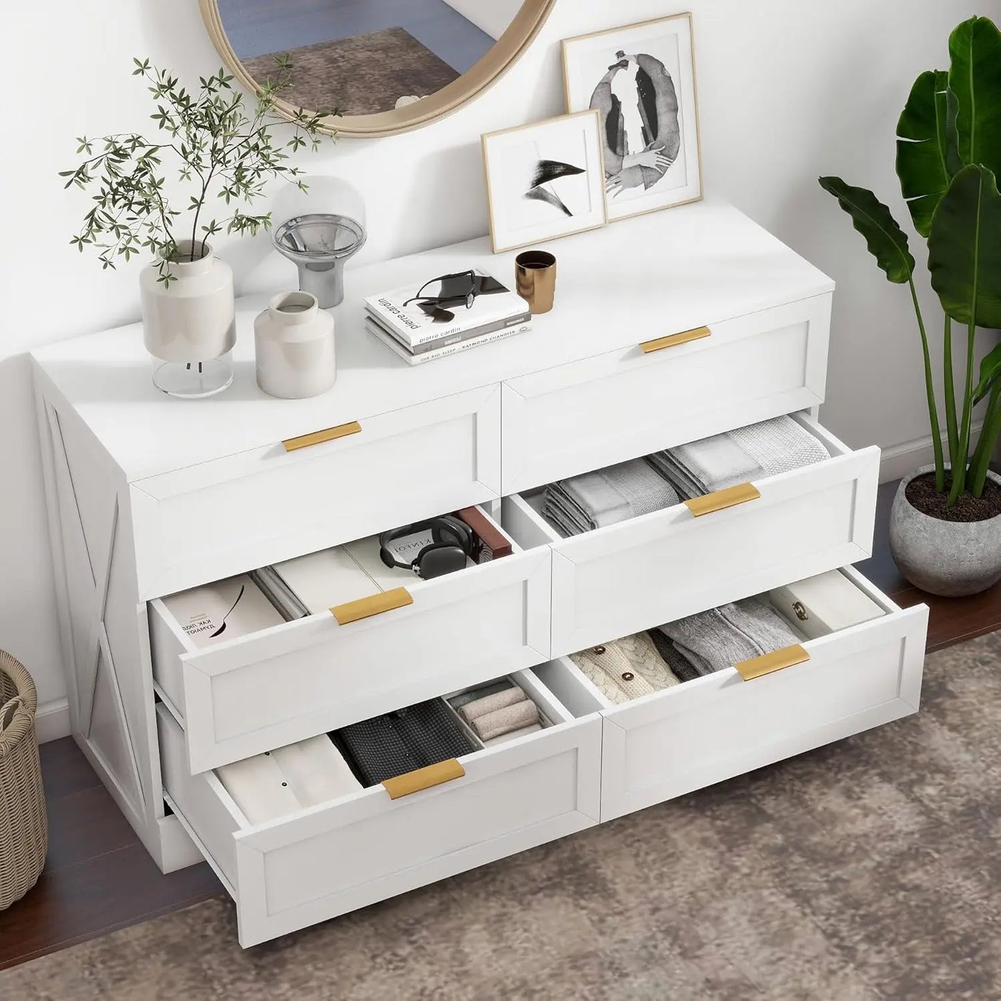 White 6-Drawer Dresser with Rose Gold Handles, Modern Wooden Storage Unit