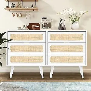 QHITTY Drawer Dresser Set of 2, Rattan Chest of Drawers with 3 Drawers Dresser, Accent Storage Cabinet Modern Bedside Table for