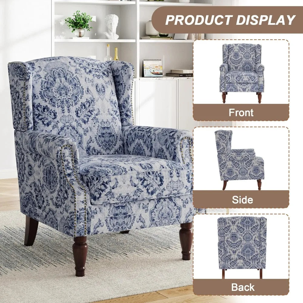 Floral-Patterned High-Back Wingback Chair with Upholstered Arms, Nailhead Trim, and Solid Wood Legs for Living Spaces