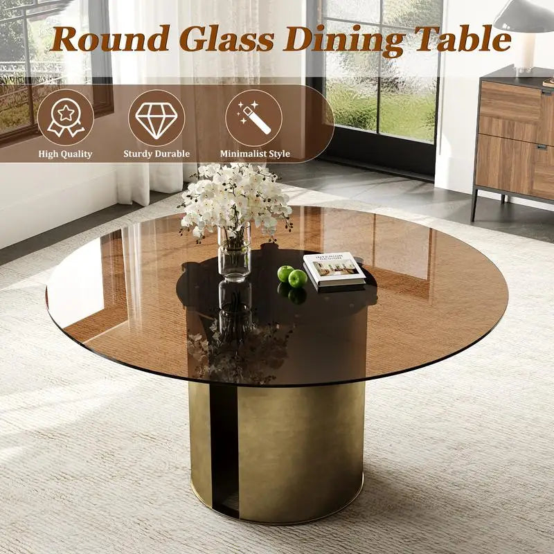 59" Round Dining Table, Dark Brown Glass Top, Antique Copper Steel Leg Base, Ideal for Family Kitchen or Living Room