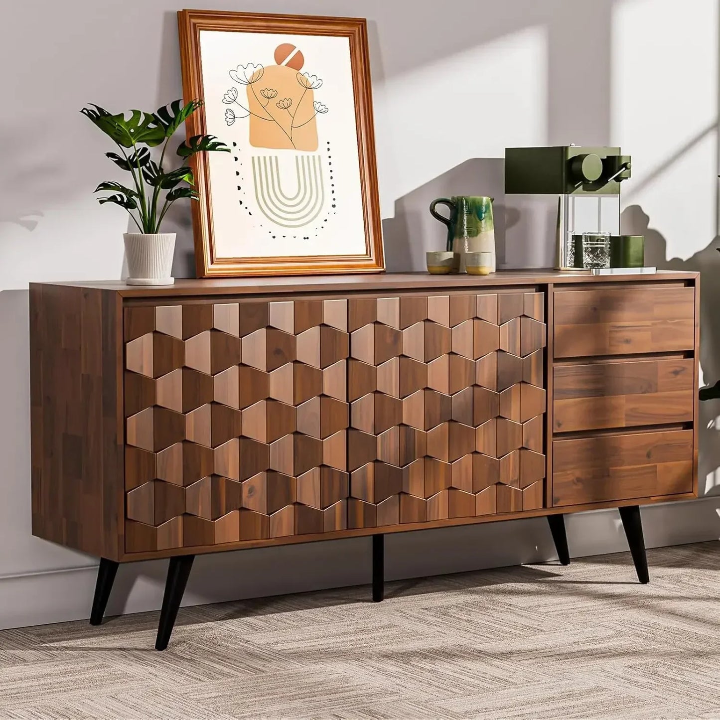 Solid Wood Sideboard with 2 Doors and 3 Drawers