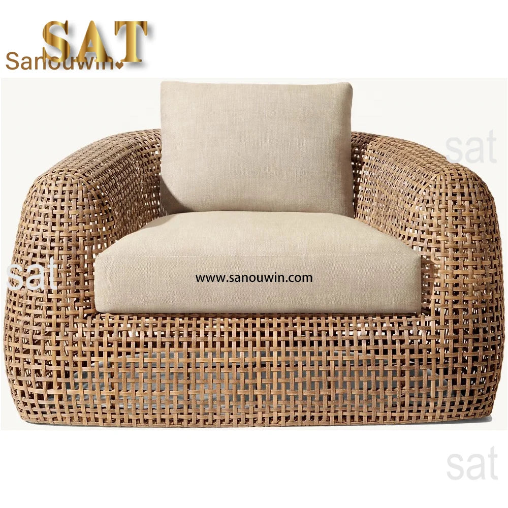 Hot Sales Modern PE Rattan Single Sofa Set High-End Outdoor Furniture With Natural Wood Look Wicker Teak Fabric Materials For D