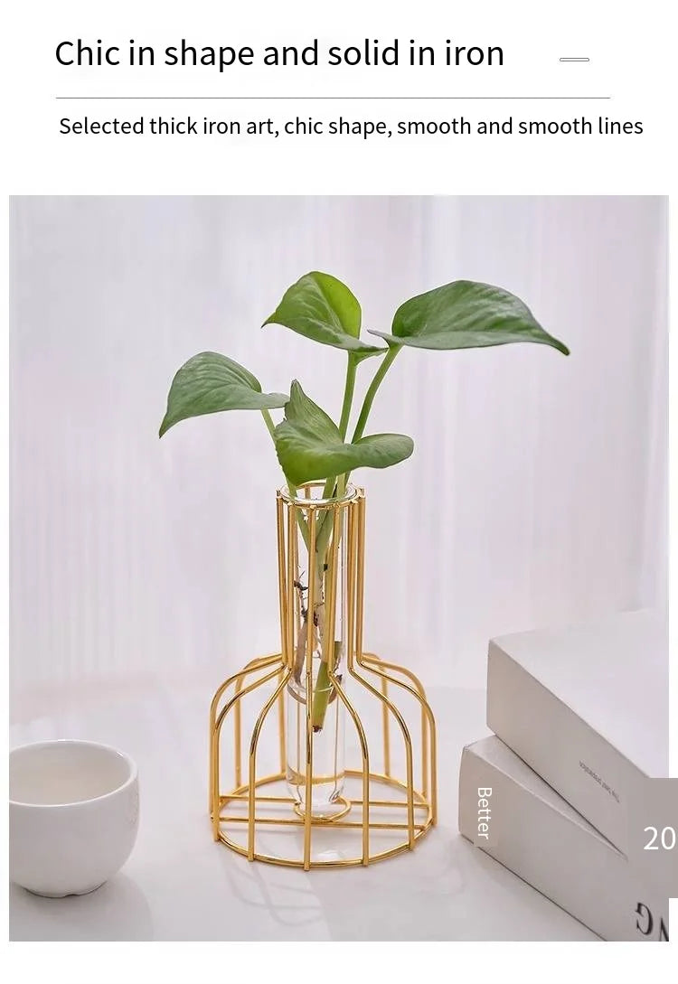 1 set of gold wrought iron metal vase hydroponic container test tube vase living room illustration decoration
