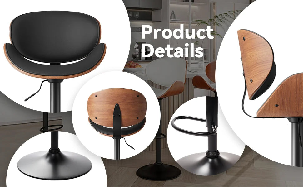 Rotating Bar Stool 2-Piece Set with Backrest and Footstool, Pu Leather Cushion Counter Height Bar Chair for Bar Kitchen and Restaurant