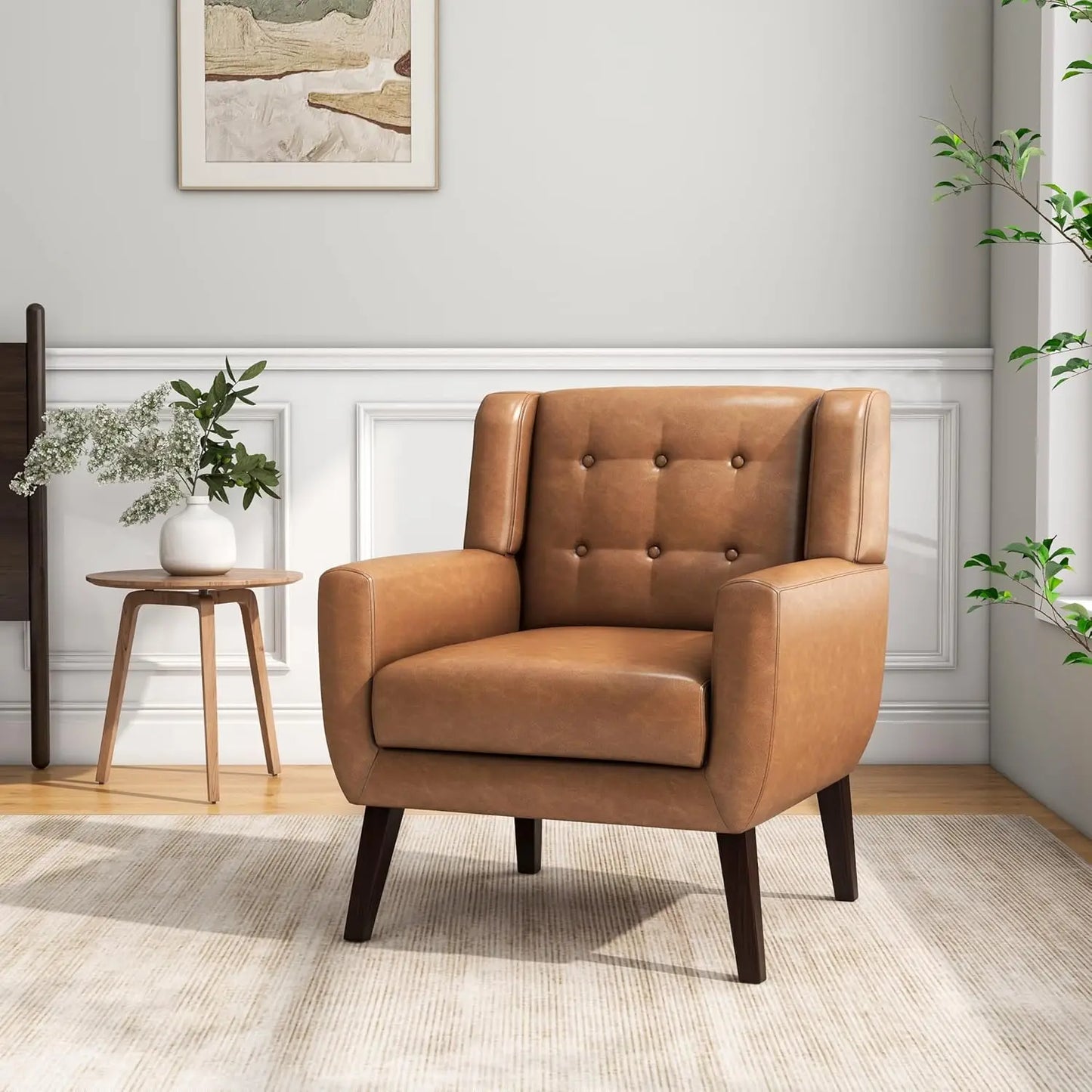 Mid-Century Modern PU Leather Armchair, Brown Solid Wood Frame Club Chair for Living Room, Bedroom, Waiting Room (Set of 1)