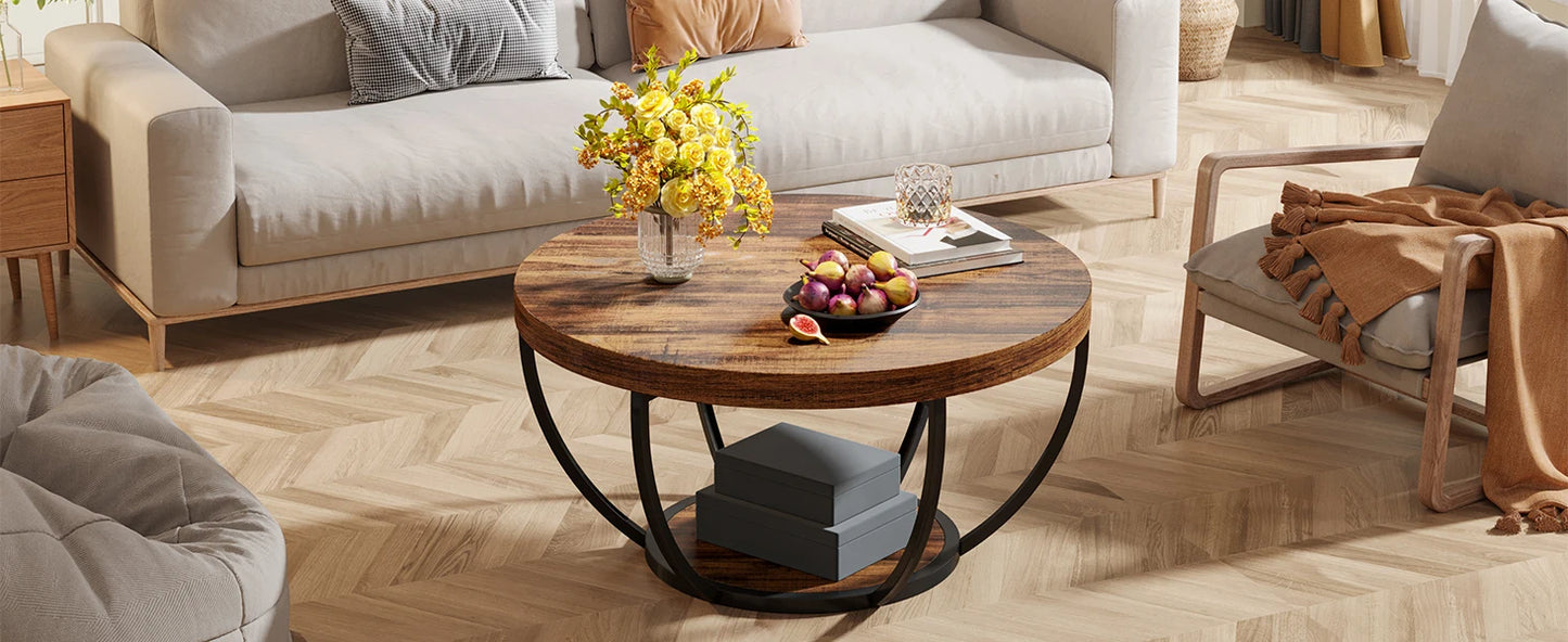 Round Coffee Table with Storage Shelves - 31.7" Industrial 2-Tier Circle Table