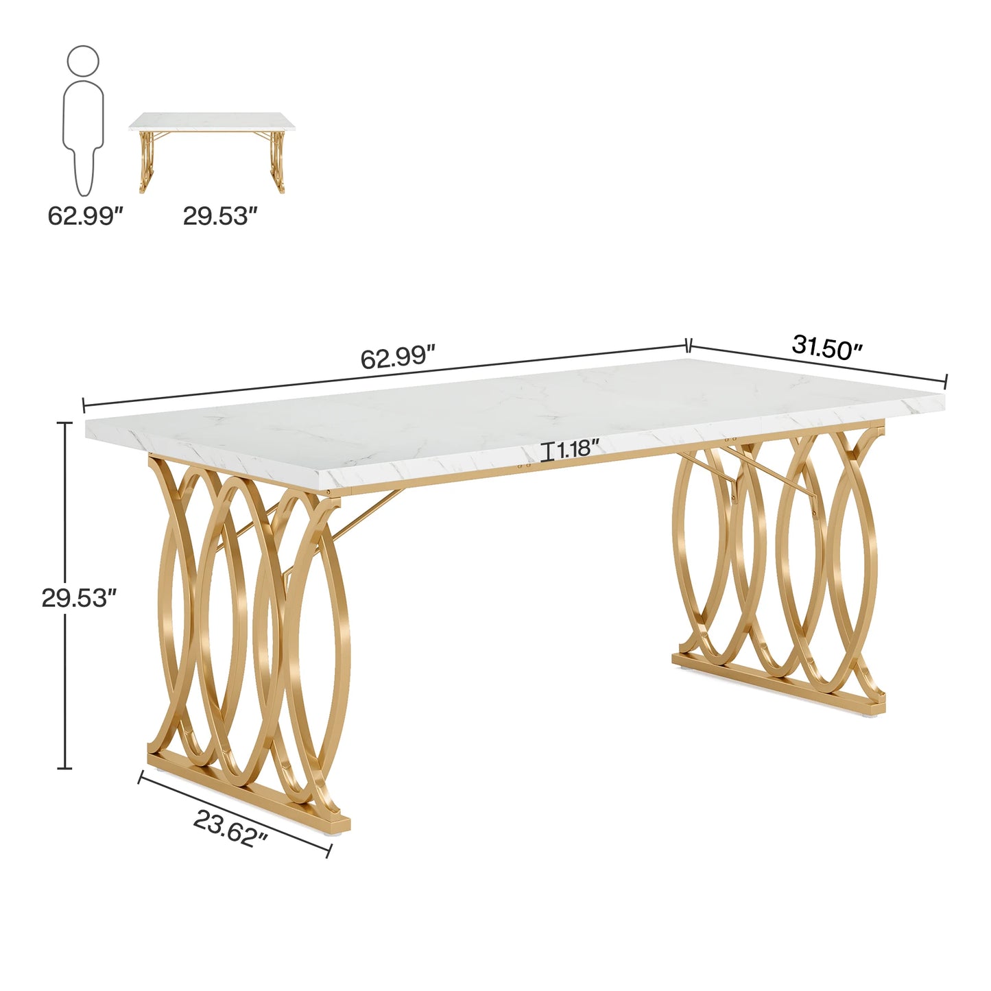 Executive Desk 63" - Modern White and Gold Office Desk with Geometric Base, Conference Table for Home Office