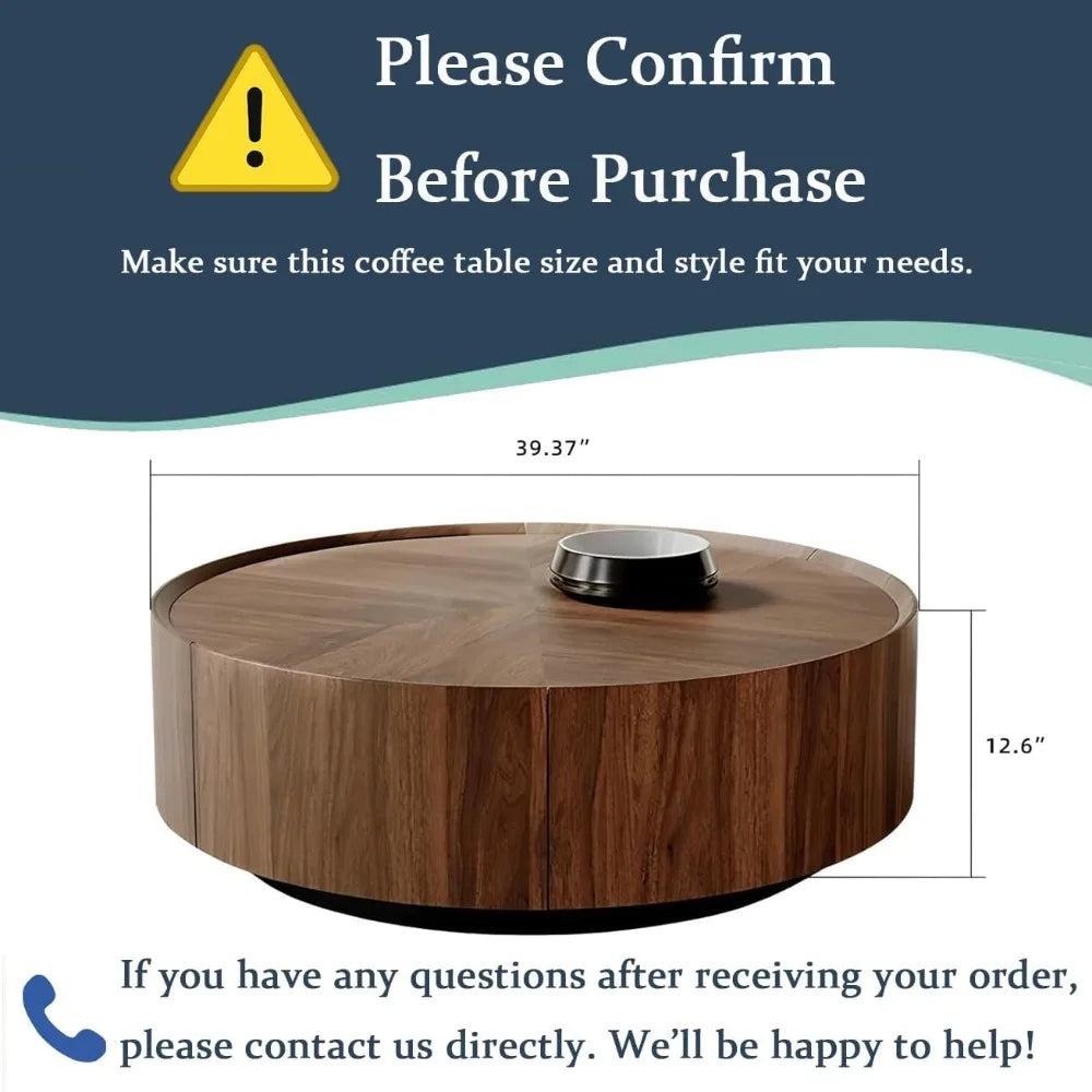 Solid Wood Coffee Table with Hidden Drawer, Fully Assembled Square Center Table for Living Room, Raised Edge Design