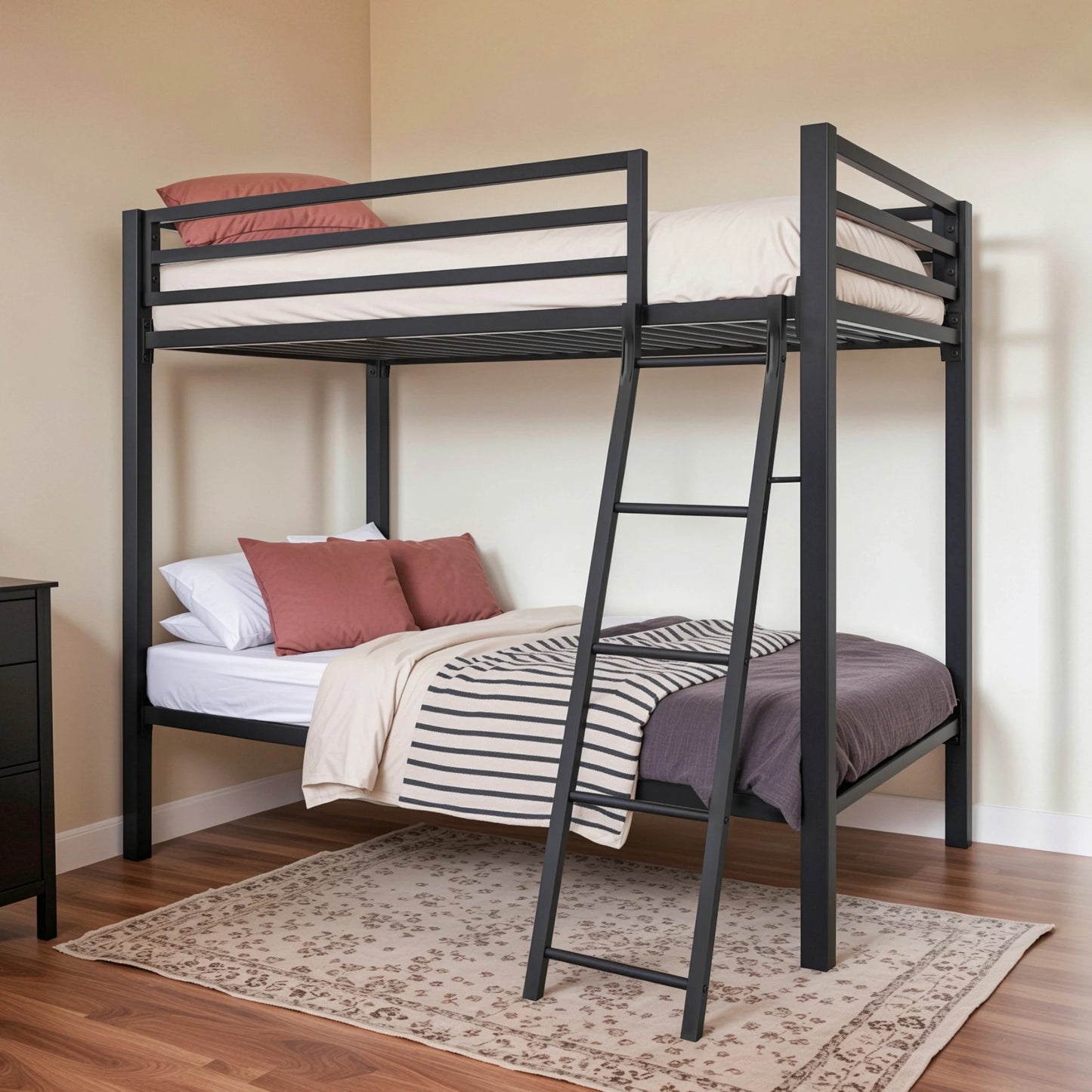 Heavy-Duty Metal Bunk Bed Frame Twin Over Twin, Full Length Guardrails, Space-Saving, Sturdy Metal Support