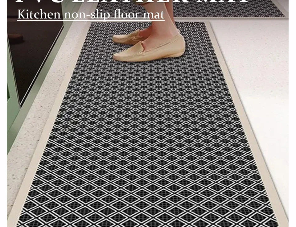 Mat for Kitchen Carpet Waterproof PVC Long Floor Mats Leather Oil Proof Anti-slip Carpets Black White Plaid Home Decoration Rug