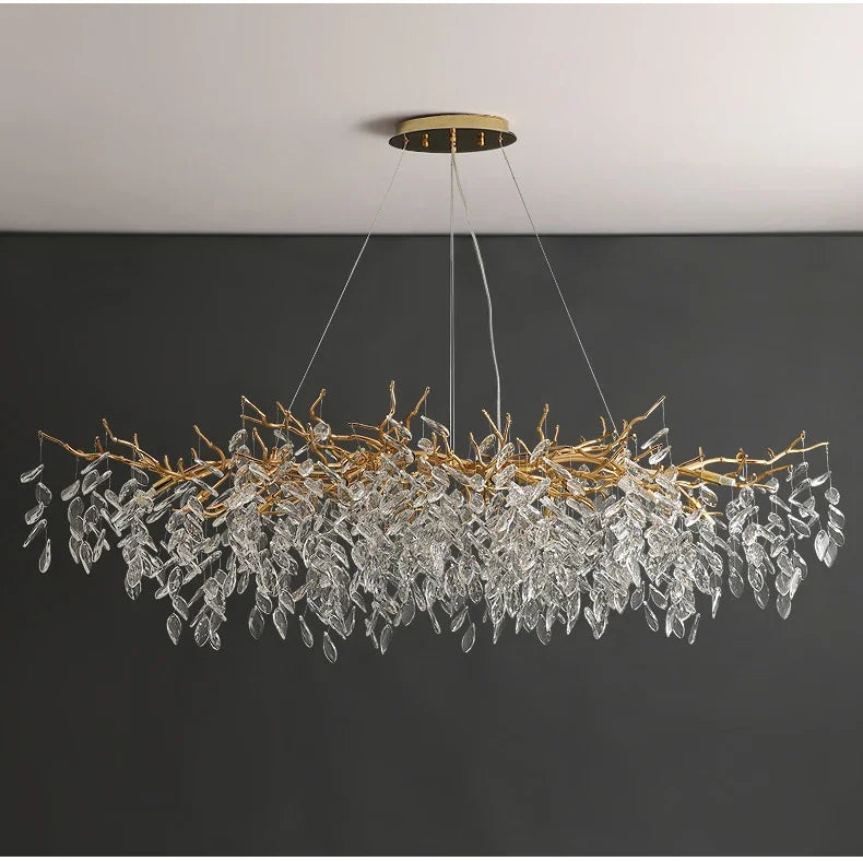 Crystal Chandelier: Luxury Gold Leaf Design LED Pendant Light for Dining & Living Room