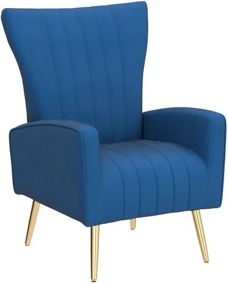 Velvet Accent Chairs Set of 2, Modern Navy Blue Fabric Armchairs with Wing Back and Metal Legs