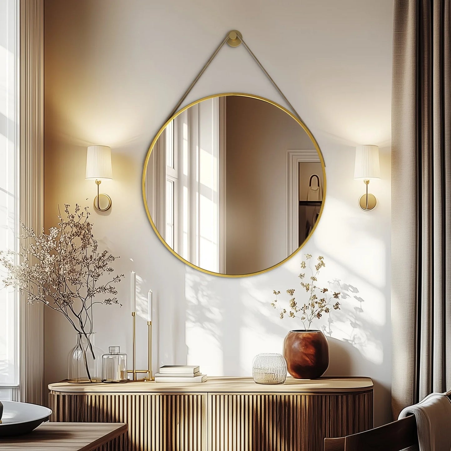 Round Wall Mirror with Brushed Aluminum Frame and Leather Strap - 60/70/80cm