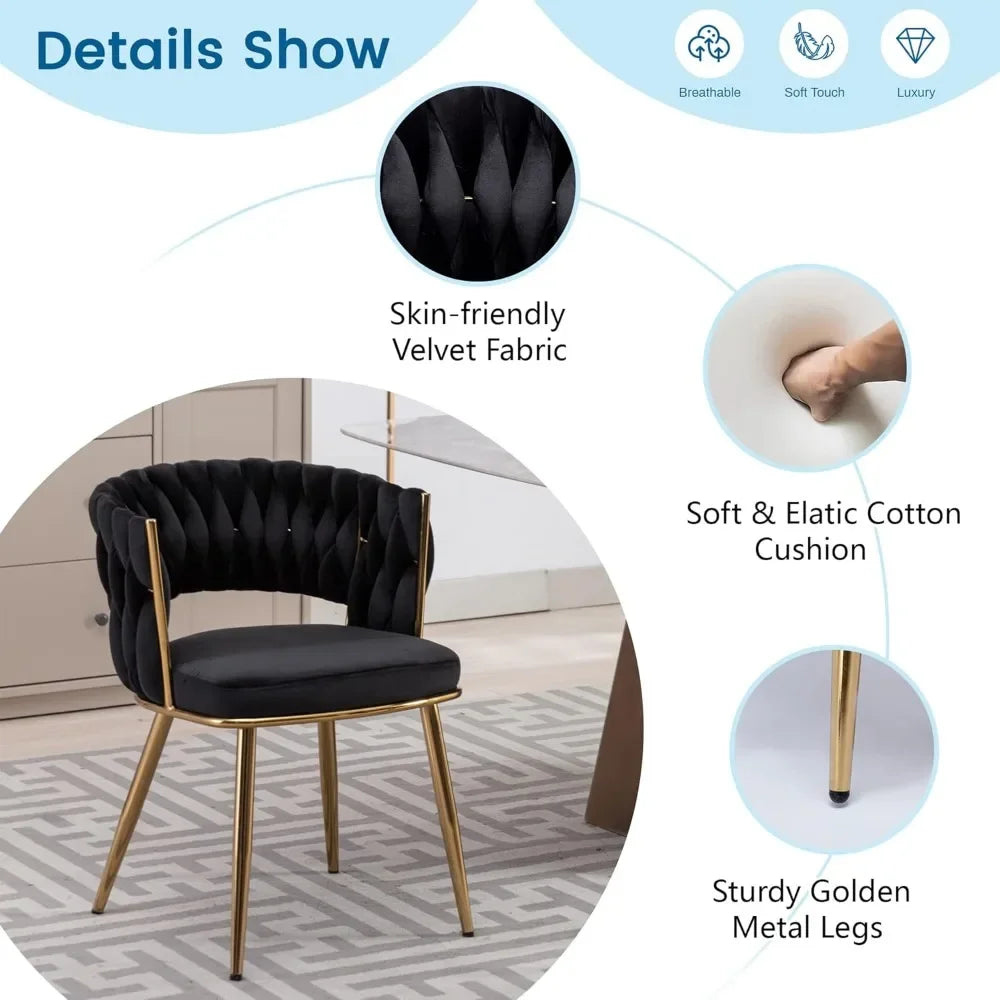 Velvet Dining Chair Set of 4, Gold Modern Dining Chairs with Metal Legs, Woven Upholstered Dining Chairs