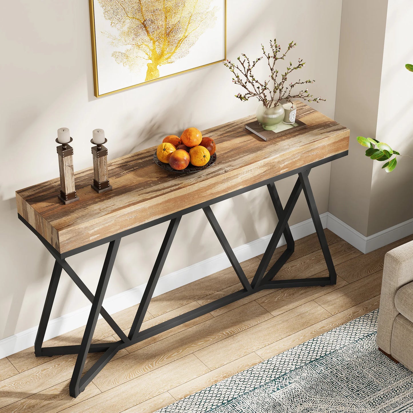 Tribesigns 55 Inches Console Table, Sofa Table Wood Entryway Table with Unique Metal Base