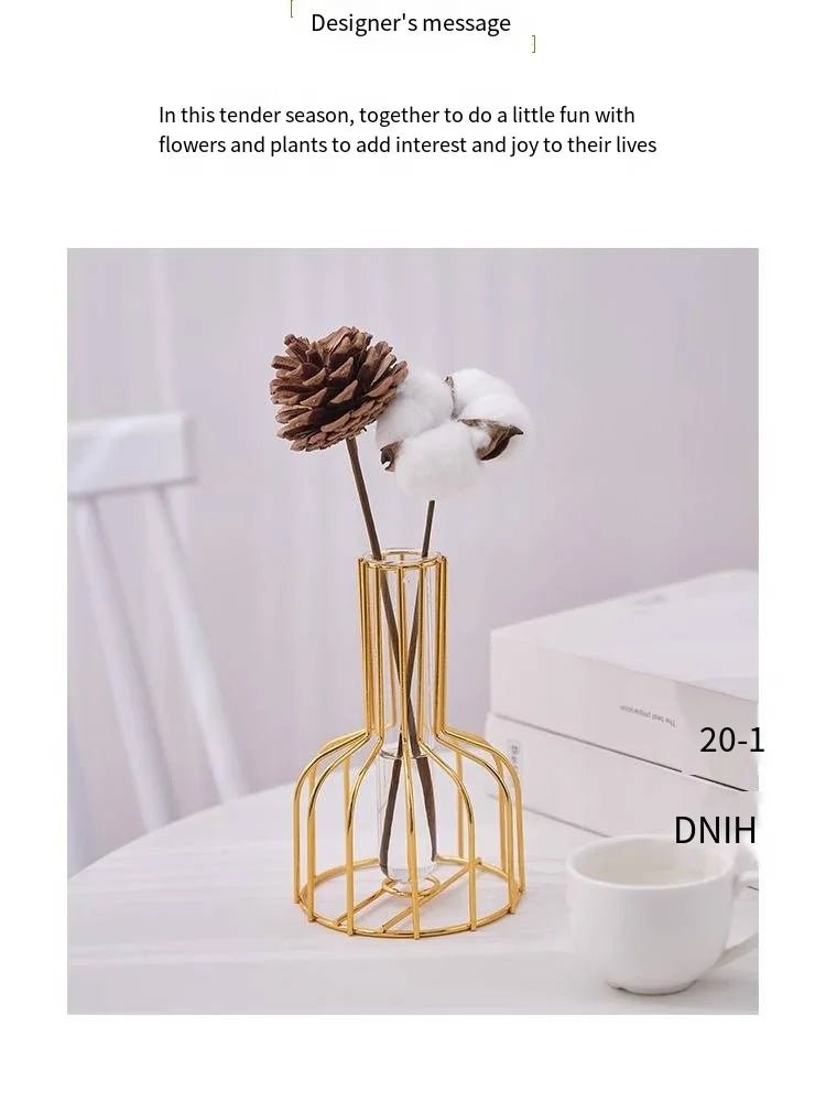1 set of gold wrought iron metal vase hydroponic container test tube vase living room illustration decoration