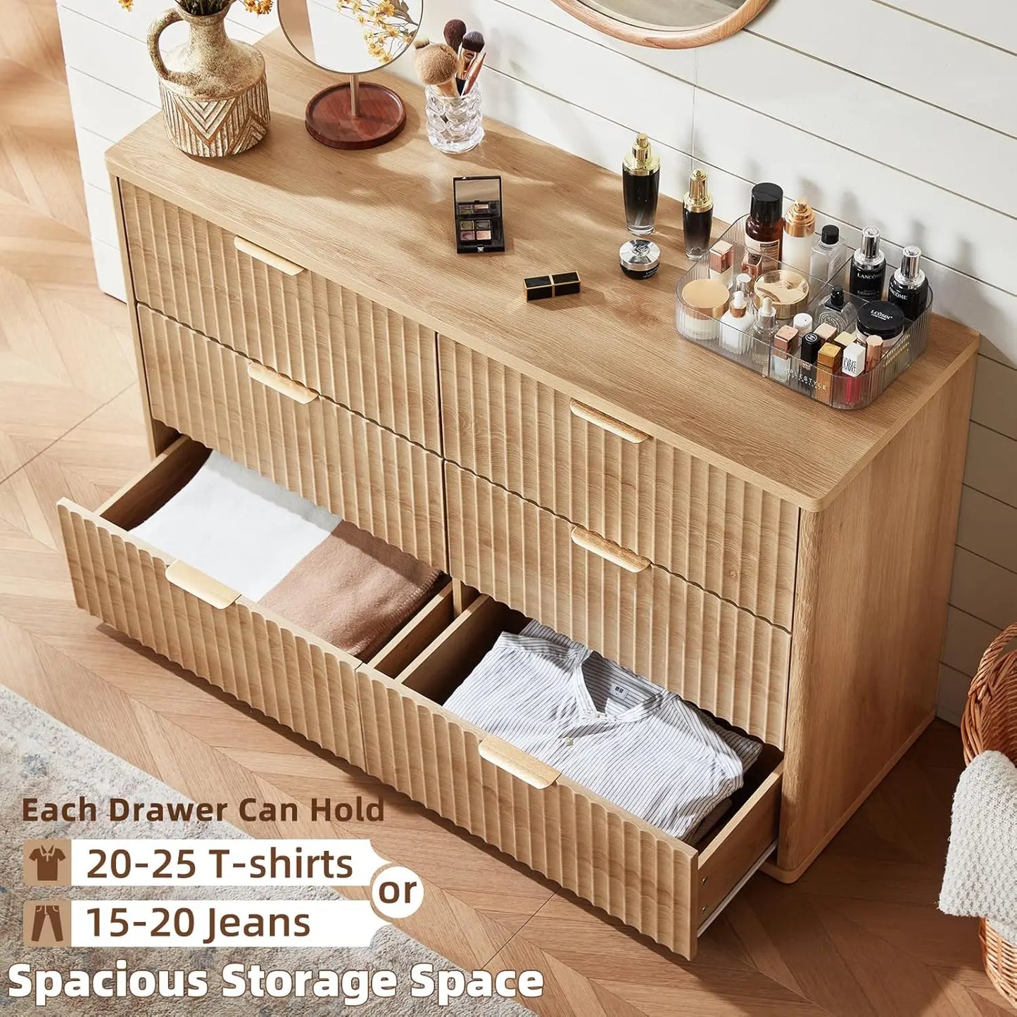 Fluted 6 Drawer Dresser with Metal Handles - Natural Wood Finish