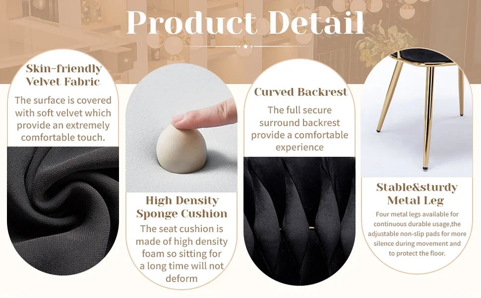 Velvet Dining Chair Set of 4, Gold Modern Dining Chairs with Metal Legs, Woven Upholstered Dining Chairs