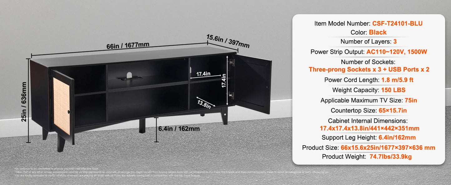 Rattan TV Stand Mid Century Modern TV Stand with Build-in Socket USB Ports Adjustable Shelfs for Living Room Media Room