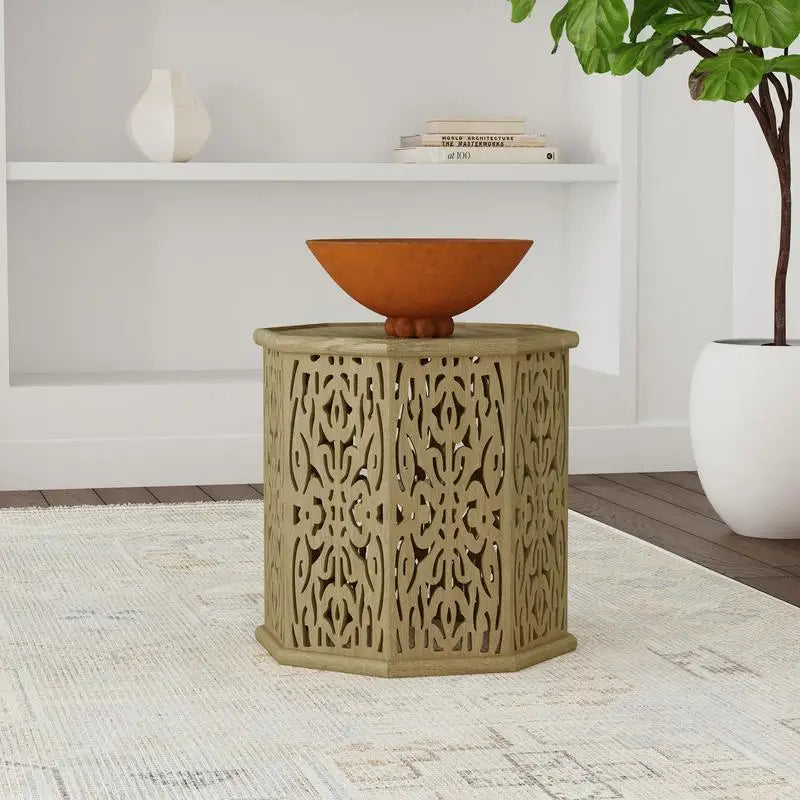 Octagonal Solid Mango Wood Side Table - Natural Brown Finish, Unique Design, Perfect for Living Room or Bedroom