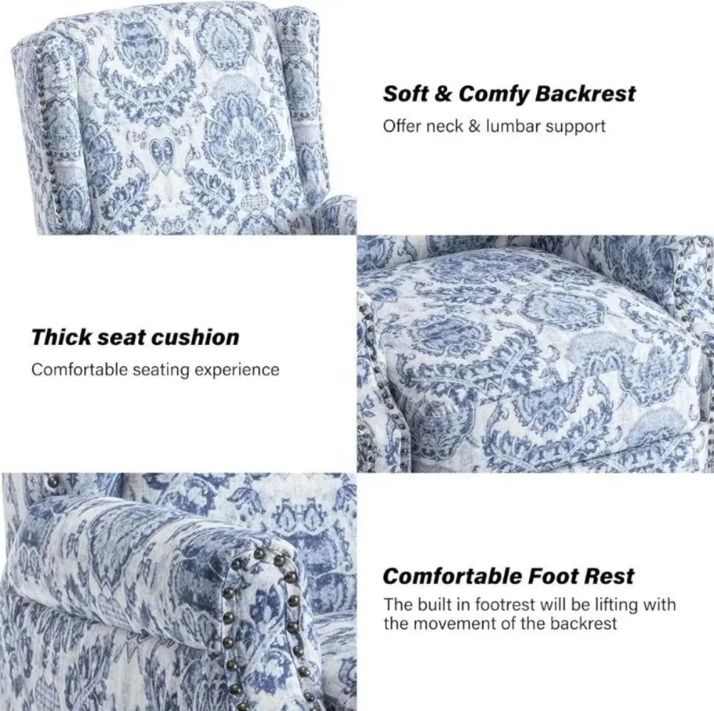 Pushback Recliner Chair, Floral Fabric Wingback Recliner Chair, Upholstered Armchair Push Back Recliner, Rivet Trim S