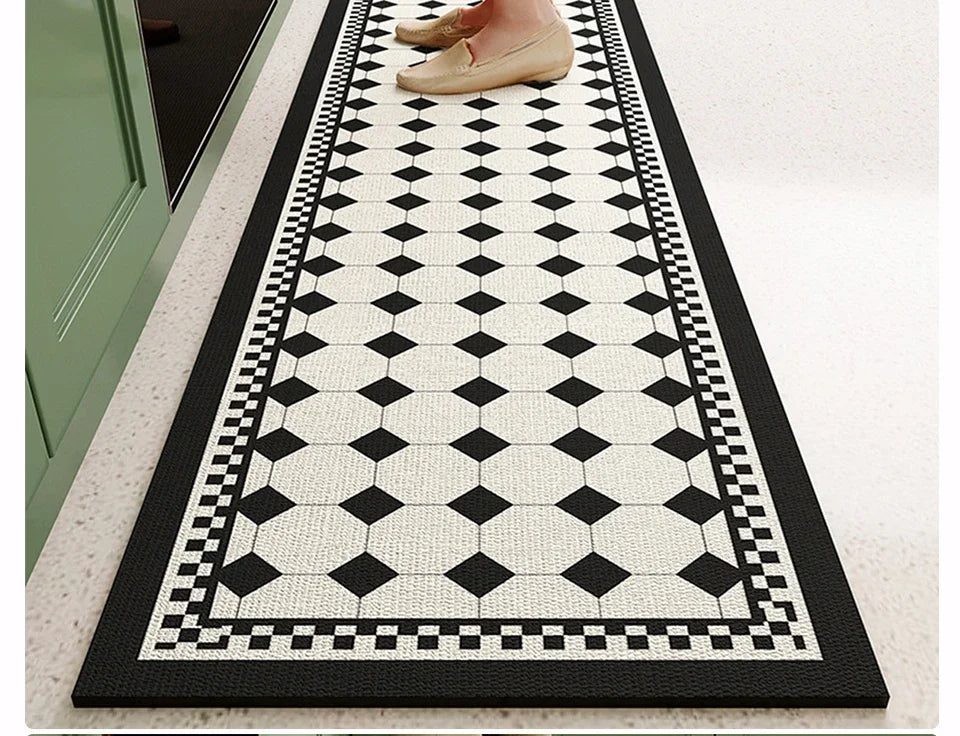 Mat for Kitchen Carpet Waterproof PVC Long Floor Mats Leather Oil Proof Anti-slip Carpets Black White Plaid Home Decoration Rug